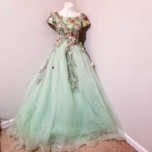 (Fits 2-4) Custom Sage Green S/S Modest Ballgown 3D Floral, Pearl, AB Crystals